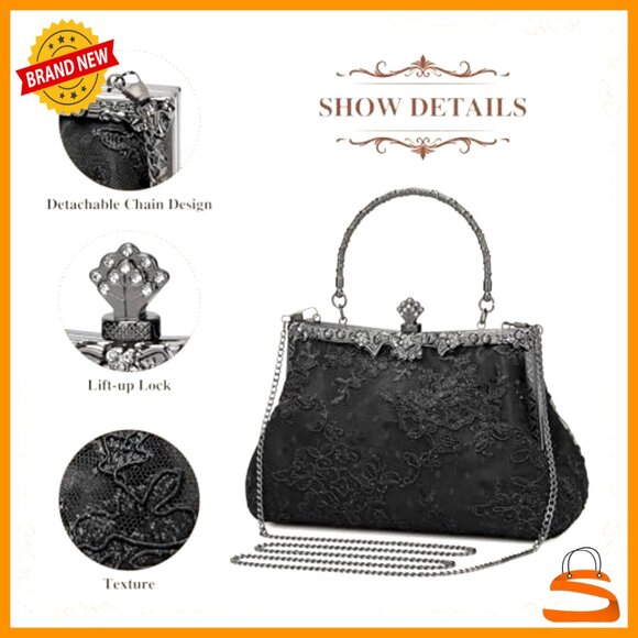Vintage Lace Floral Clutch Evening Bag with Detachable Chain